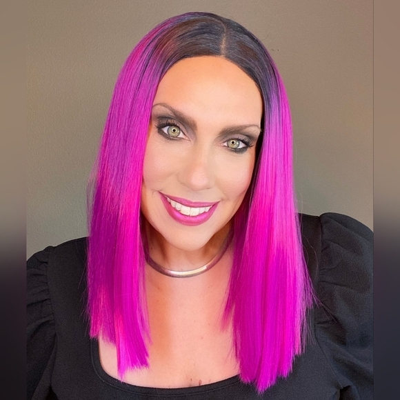 Hot Pink Fuchsia & Dark Root Blunt Straight Lace Front Wig - Picture 4 of 9
